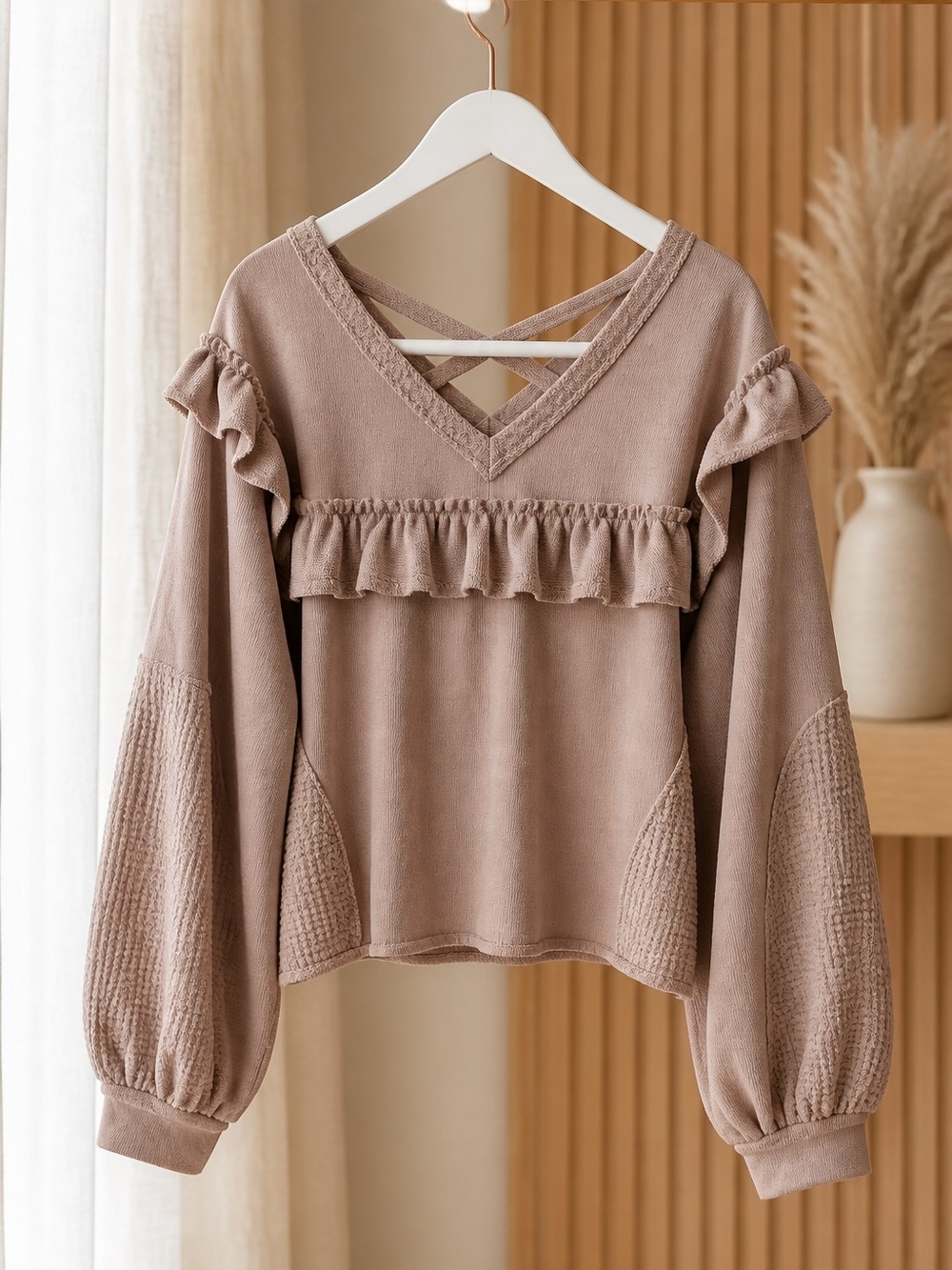 POL Crisscross Ruffle V-Neck Sweater Top - Taupe - Picture 1 of 6